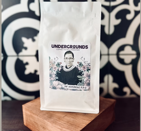 Ruth Bader Ginsberg on a coffee bag.